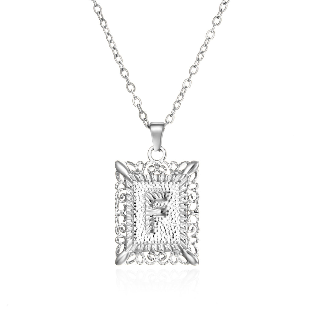 Custom Initial Rectangle Pendant Necklace – Vintage Frame Letter Necklace in Gold or Silver