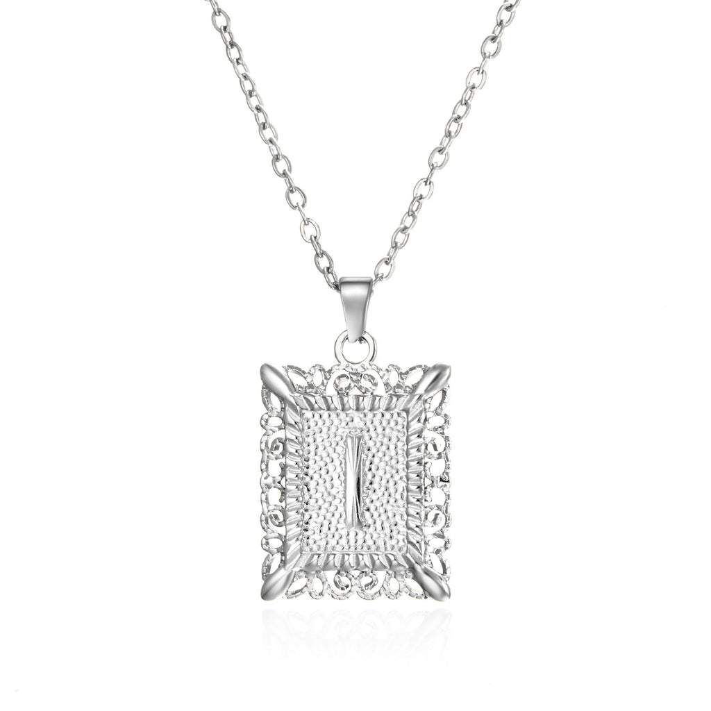 Custom Initial Rectangle Pendant Necklace – Vintage Frame Letter Necklace in Gold or Silver