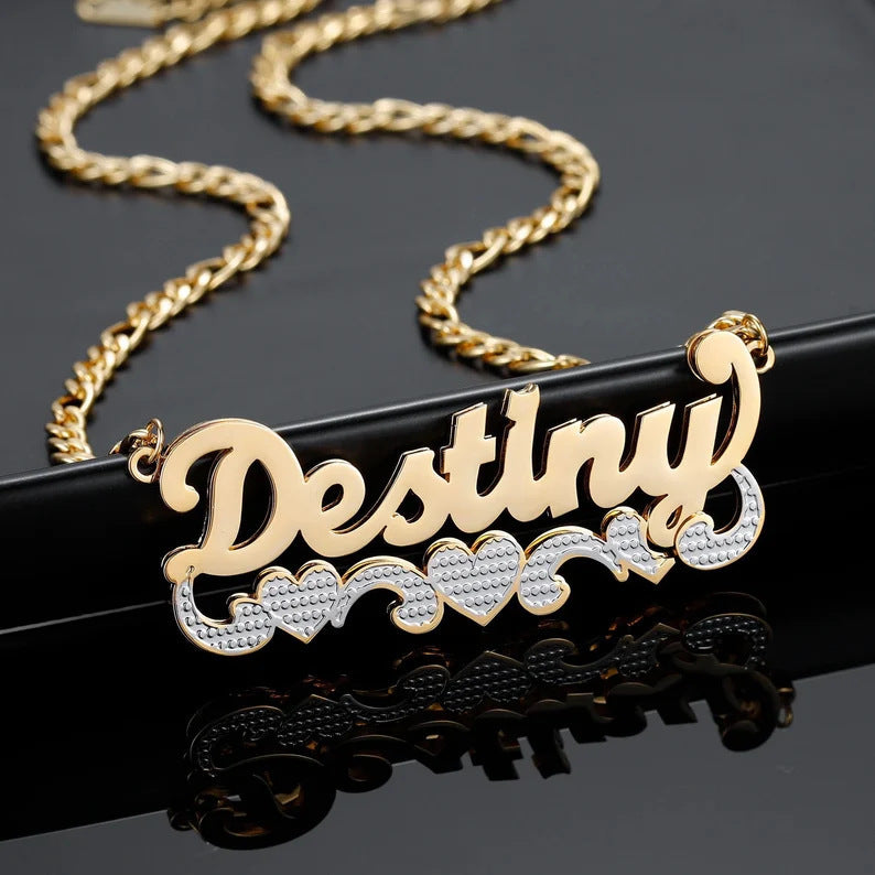 Double Plated Two Tone Custom Name With Triple Heart 18k Gold Plated Stainless Steel Figaro Chain Personalized Necklace