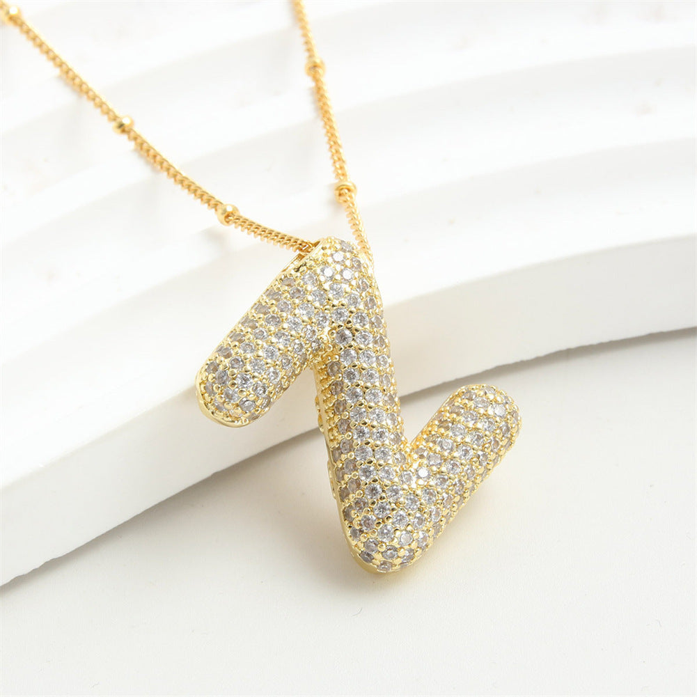Custom Bubble Letter Initial Rhinestone Pendant Necklace 18K Gold Plated Stainless Steel Personalized Alphabet Letter Initial Necklace