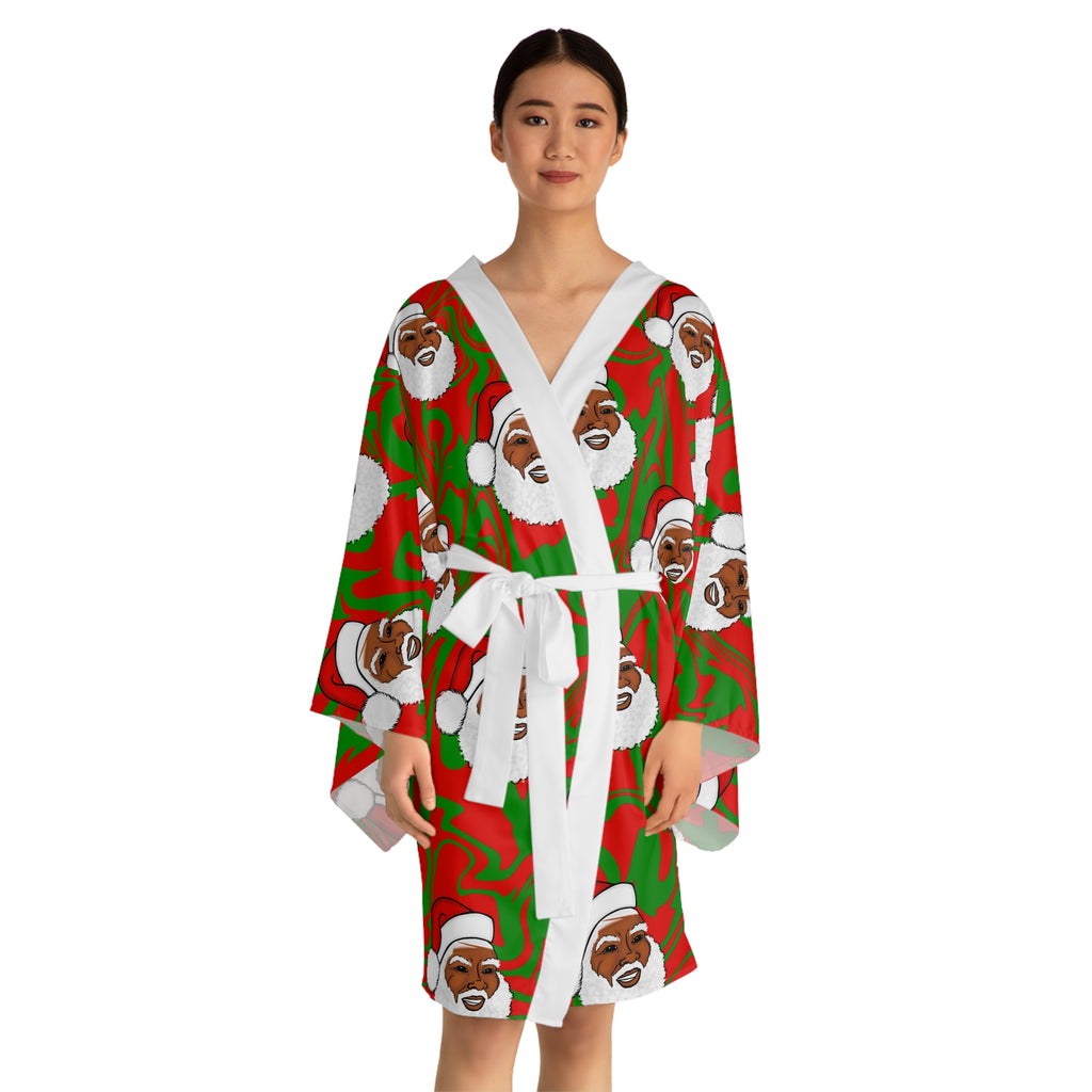 Black Santa Claus Christmas Holiday Long Sleeve Kimono Robe