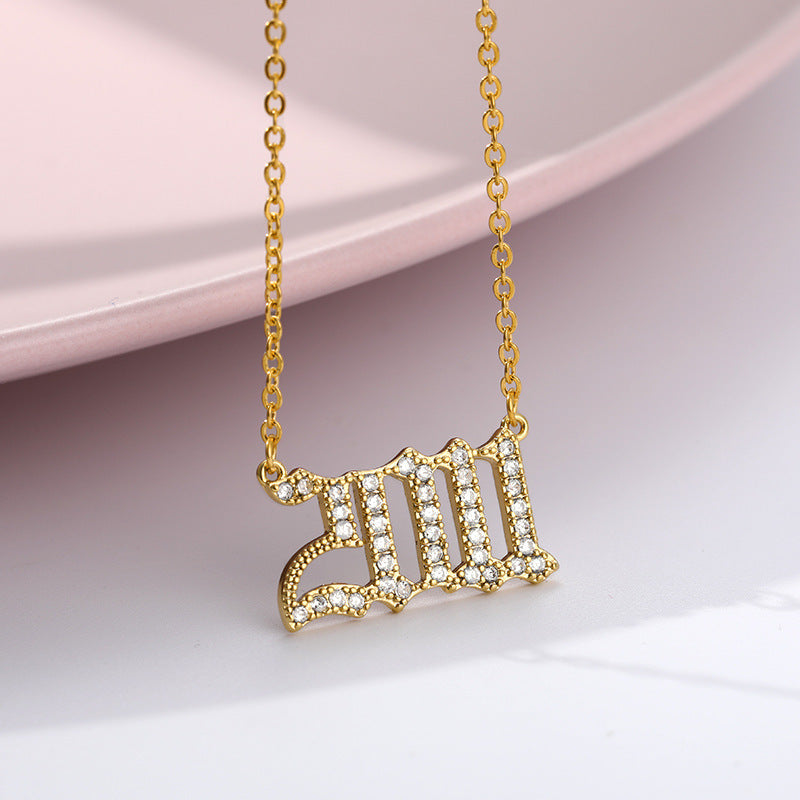 Custom Year Cubic Zirconia Rhinestone Necklace 18k Gold Plated Hypoallergenic Stainless Steel Personalized Birthyear Anniversary Necklace
