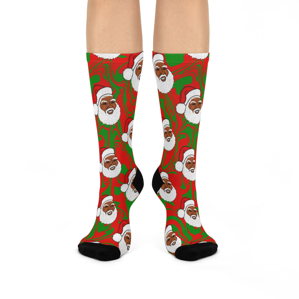 Black Santa Claus Christmas Holiday Cushioned Crew Socks