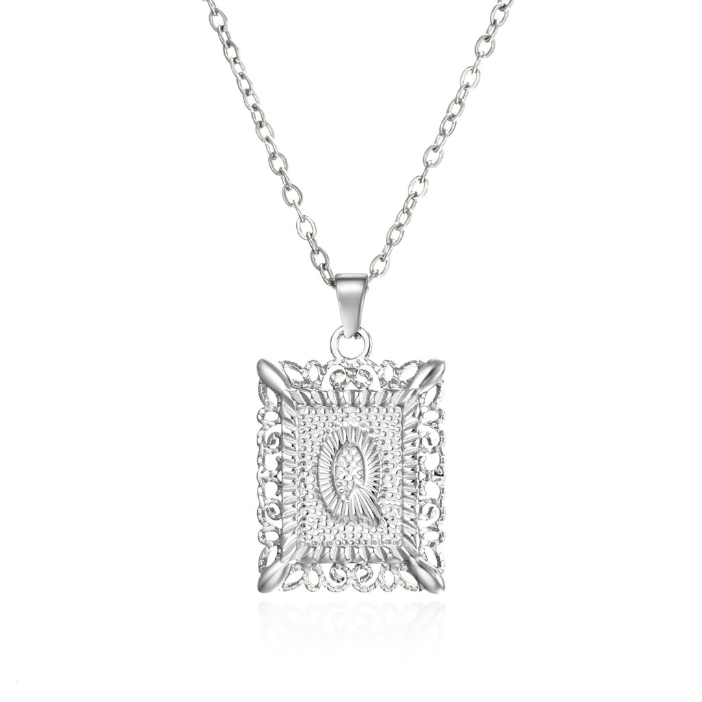 Custom Initial Rectangle Pendant Necklace – Vintage Frame Letter Necklace in Gold or Silver