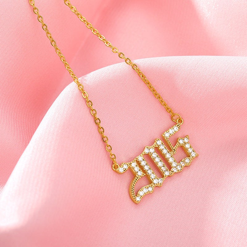Custom Year Cubic Zirconia Rhinestone Necklace 18k Gold Plated Hypoallergenic Stainless Steel Personalized Birthyear Anniversary Necklace