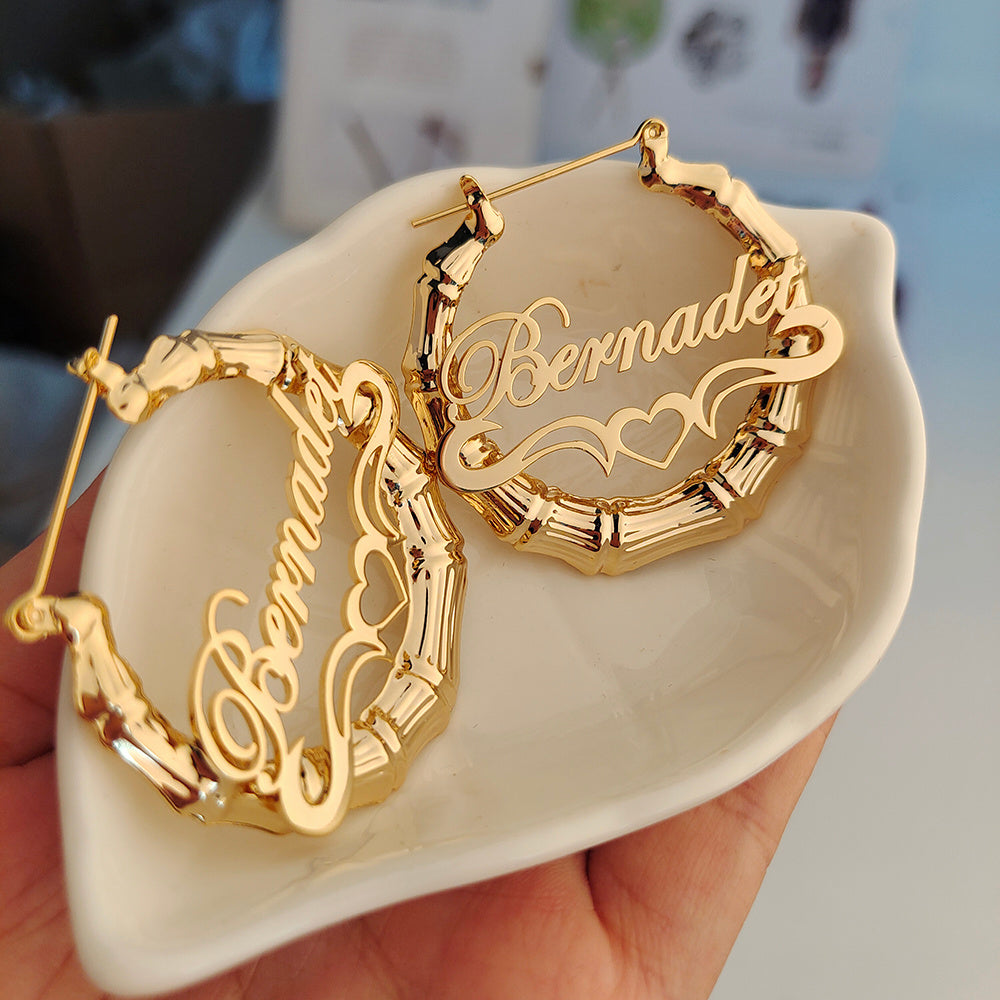 Custom Name With Heart Bamboo Hoop Earrings 18k Gold Plated Hypoallergenic Stainless Steel Personalized Hoop Earrings