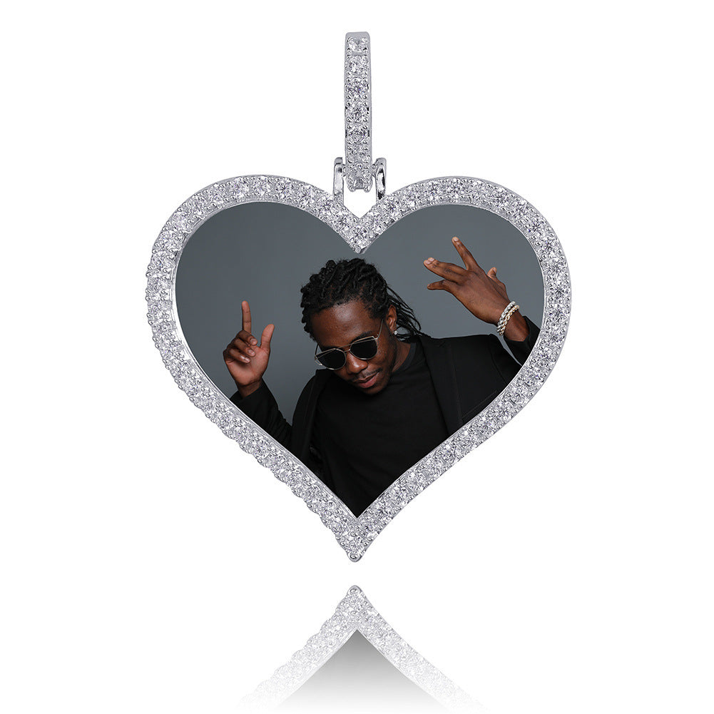 Custom Photo Heart Shaped Cubic Zirconia Rhinestone Pendant Rope Chain Necklace