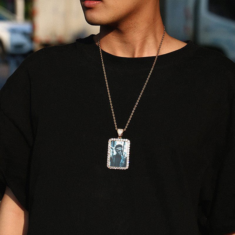 Custom Photo Rectangle Frame Shaped Cubic Zirconia Rhinestone Pendant Rope Chain Necklace