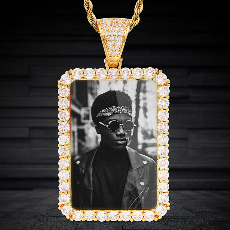 Custom Photo Rectangle Frame Shaped Cubic Zirconia Rhinestone Pendant Rope Chain Necklace