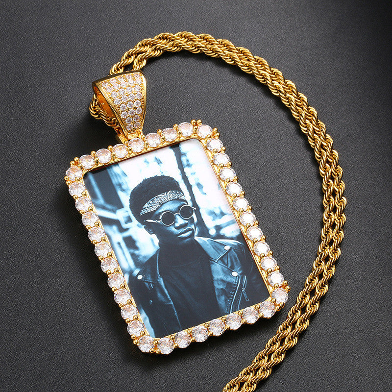 Custom Photo Rectangle Frame Shaped Cubic Zirconia Rhinestone Pendant Rope Chain Necklace