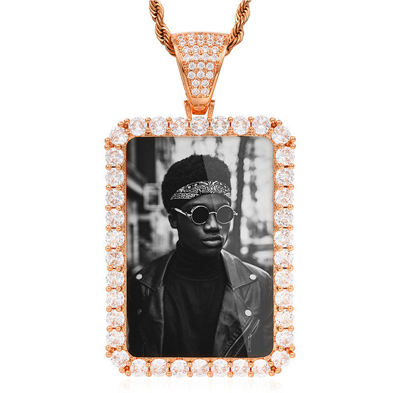 Custom Photo Rectangle Frame Shaped Cubic Zirconia Rhinestone Pendant Rope Chain Necklace