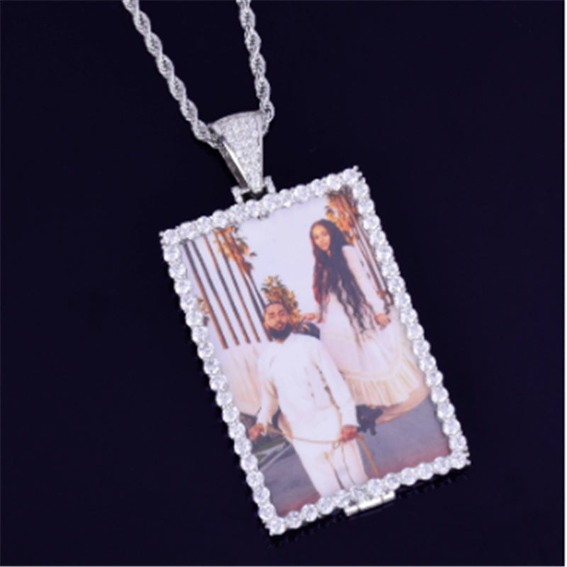 Custom Photo Rectangle Frame Shaped Cubic Zirconia Rhinestone Pendant Rope Chain Necklace
