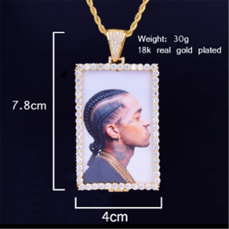 Custom Photo Rectangle Frame Shaped Cubic Zirconia Rhinestone Pendant Rope Chain Necklace