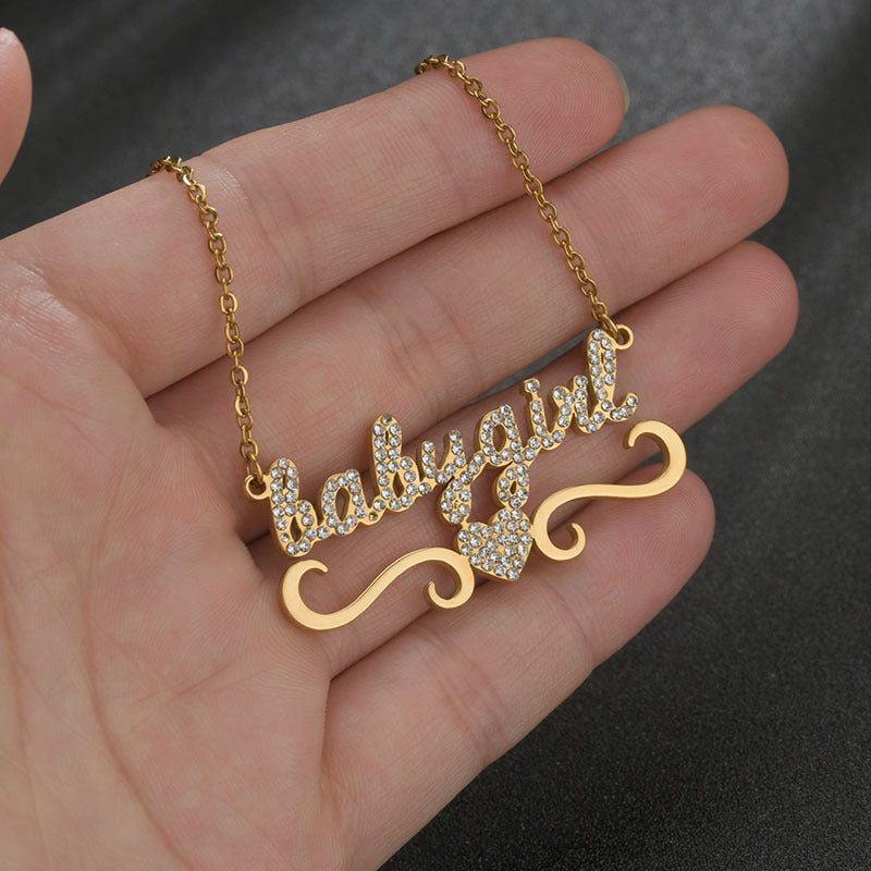 Iced Out Heart Custom Name Necklace 18k Gold Plated Stainless Steel Cubic Zirconia