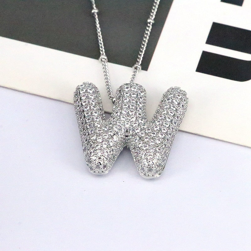 Custom Bubble Letter Initial Rhinestone Pendant Necklace 18K Gold Plated Stainless Steel Personalized Alphabet Letter Initial Necklace