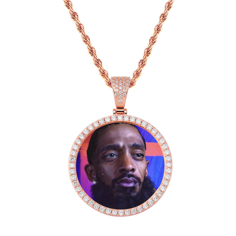 Custom Photo Circle Frame Shaped Cubic Zirconia Rhinestone Pendant Rope Chain Necklace