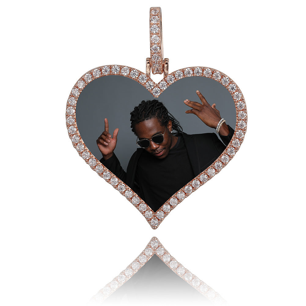 Custom Photo Heart Shaped Cubic Zirconia Rhinestone Pendant Rope Chain Necklace