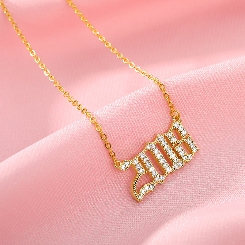 Custom Year Cubic Zirconia Rhinestone Necklace 18k Gold Plated Hypoallergenic Stainless Steel Personalized Birthyear Anniversary Necklace