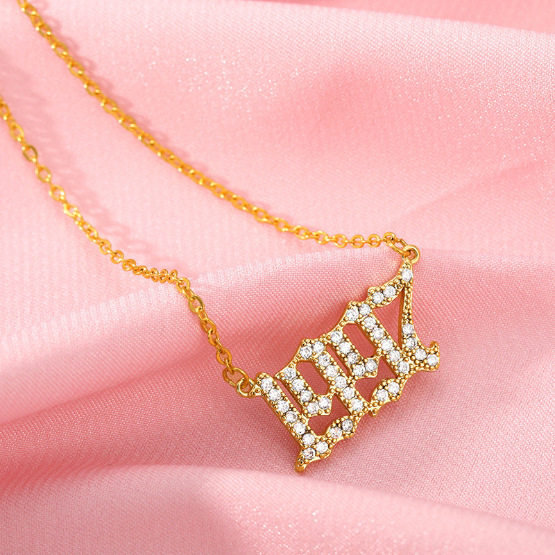 Custom Year Cubic Zirconia Rhinestone Necklace 18k Gold Plated Hypoallergenic Stainless Steel Personalized Birthyear Anniversary Necklace