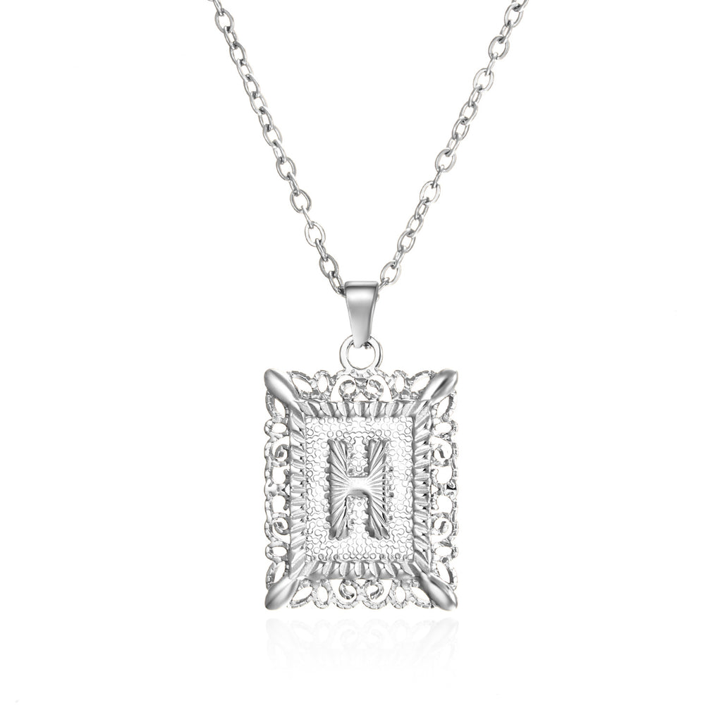 Custom Initial Rectangle Pendant Necklace – Vintage Frame Letter Necklace in Gold or Silver