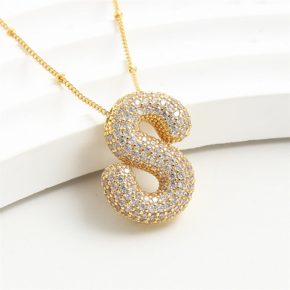 Custom Bubble Letter Initial Rhinestone Pendant Necklace 18K Gold Plated Stainless Steel Personalized Alphabet Letter Initial Necklace