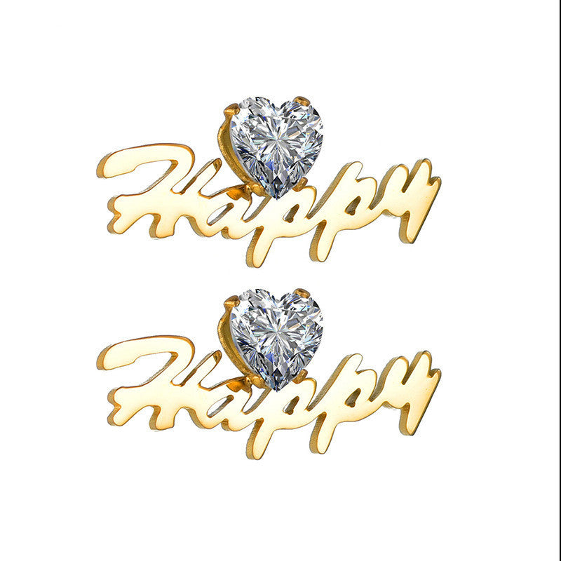 Custom Name With Heart Rhinestone Stud Earrings 18k Gold Plated Hypoallergenic Stainless Steel