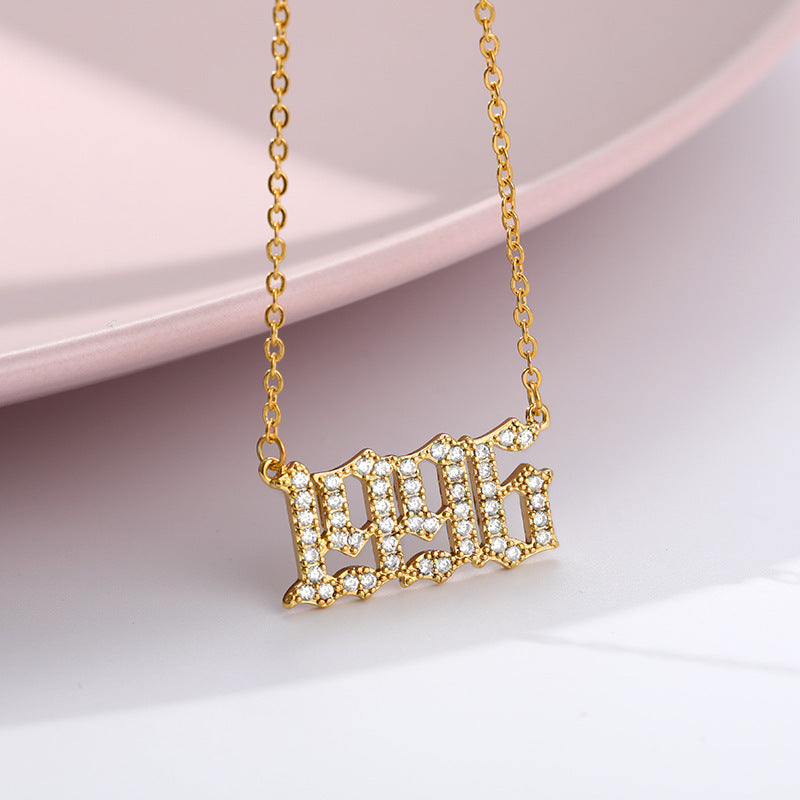 Custom Year Cubic Zirconia Rhinestone Necklace 18k Gold Plated Hypoallergenic Stainless Steel Personalized Birthyear Anniversary Necklace