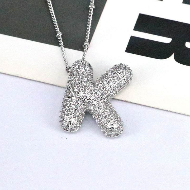 Custom Bubble Letter Initial Rhinestone Pendant Necklace 18K Gold Plated Stainless Steel Personalized Alphabet Letter Initial Necklace