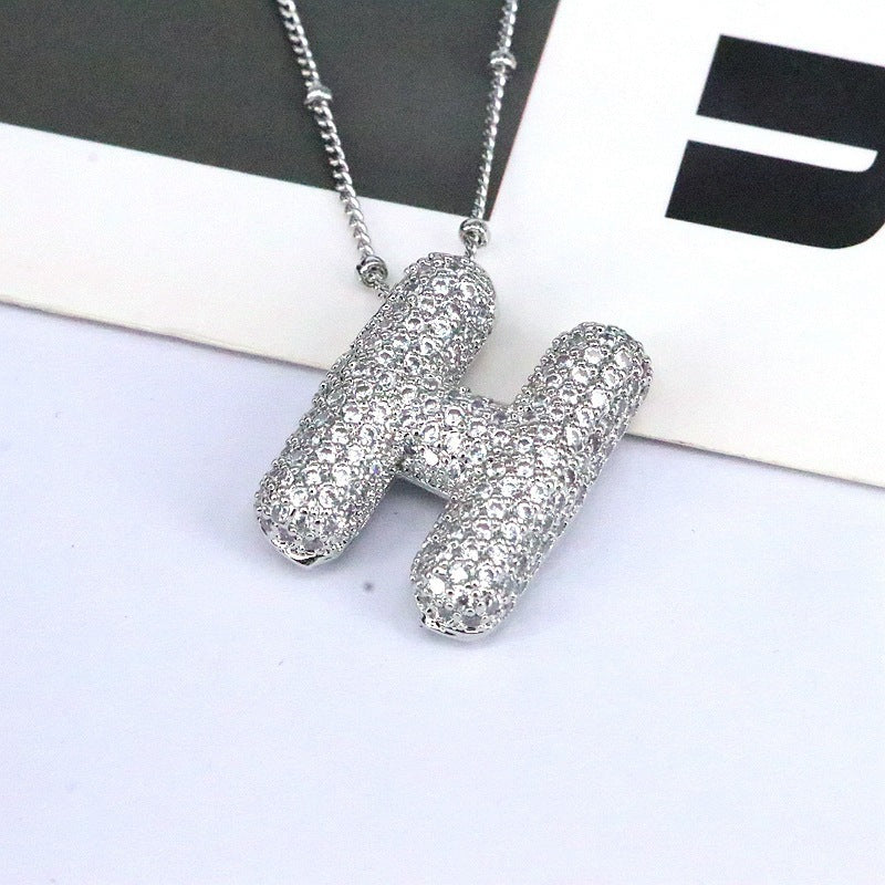 Custom Bubble Letter Initial Rhinestone Pendant Necklace 18K Gold Plated Stainless Steel Personalized Alphabet Letter Initial Necklace