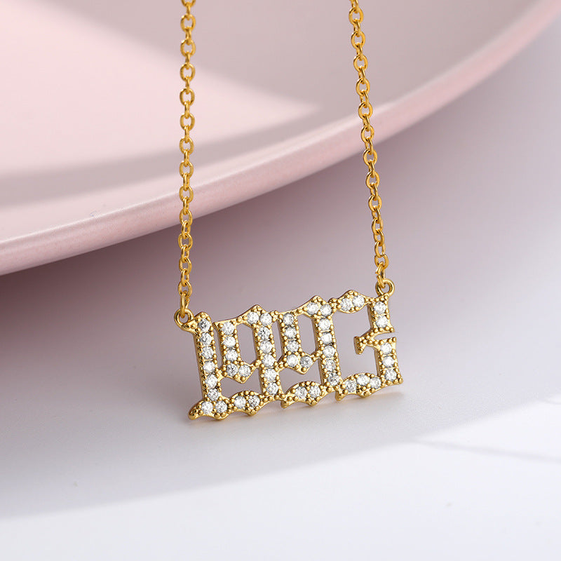 Custom Year Cubic Zirconia Rhinestone Necklace 18k Gold Plated Hypoallergenic Stainless Steel Personalized Birthyear Anniversary Necklace