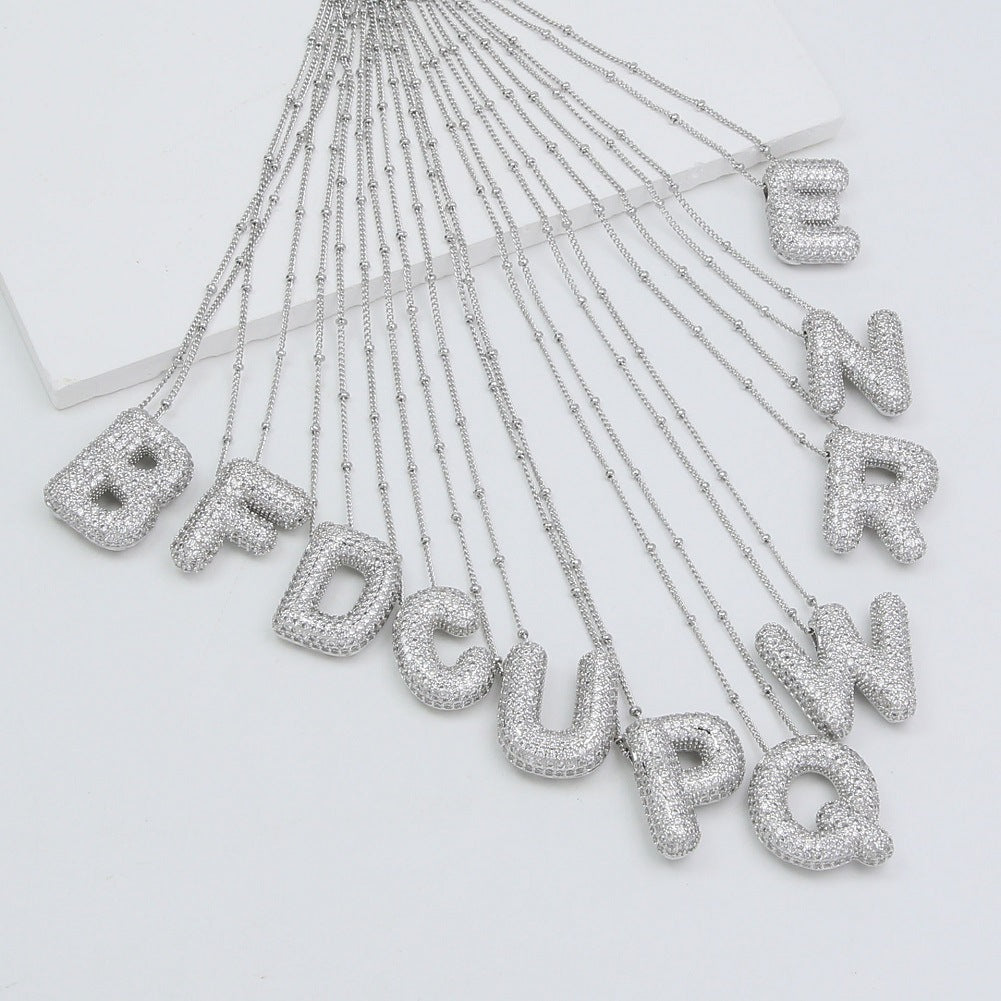 Custom Bubble Letter Initial Rhinestone Pendant Necklace 18K Gold Plated Stainless Steel Personalized Alphabet Letter Initial Necklace