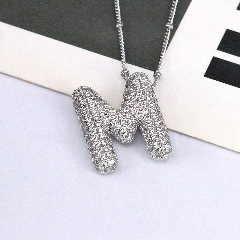 Custom Bubble Letter Initial Rhinestone Pendant Necklace 18K Gold Plated Stainless Steel Personalized Alphabet Letter Initial Necklace