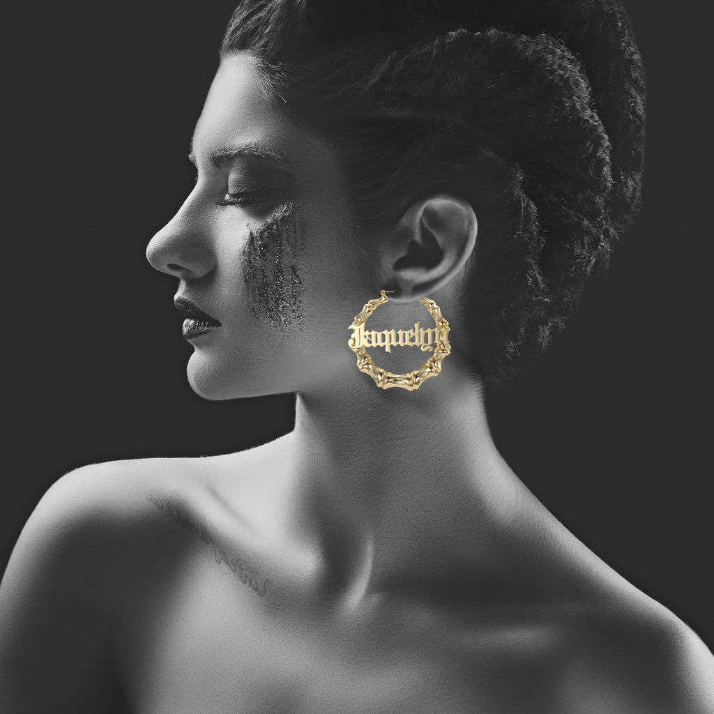 Custom Name Classic Bamboo Hoop Earrings 18k Gold Plated Stainless Steel Personalized Hoops