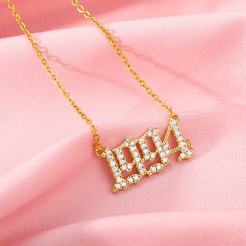 Custom Year Cubic Zirconia Rhinestone Necklace 18k Gold Plated Hypoallergenic Stainless Steel Personalized Birthyear Anniversary Necklace