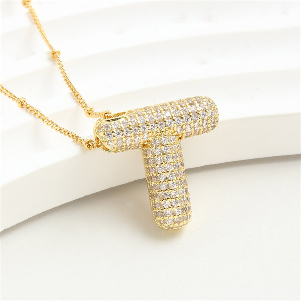Custom Bubble Letter Initial Rhinestone Pendant Necklace 18K Gold Plated Stainless Steel Personalized Alphabet Letter Initial Necklace