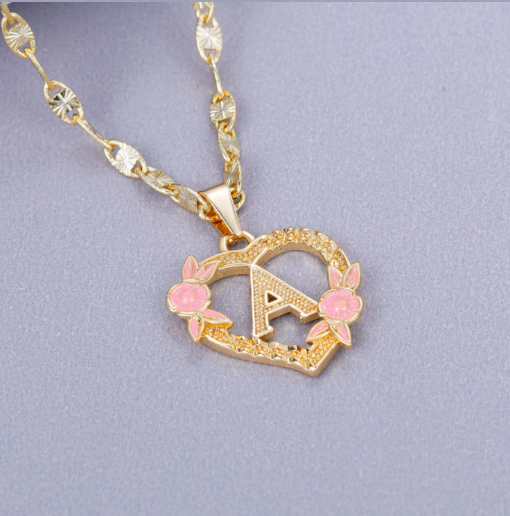 Custom Initial Pink Flower Heart Pendant Necklace 18k Gold Plated Hypoallergenic Stainless Steel