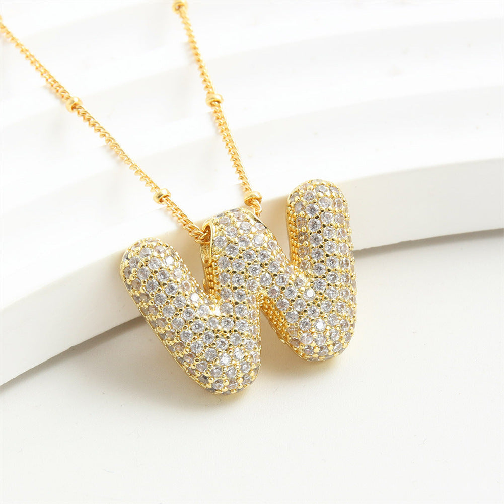 Custom Bubble Letter Initial Rhinestone Pendant Necklace 18K Gold Plated Stainless Steel Personalized Alphabet Letter Initial Necklace