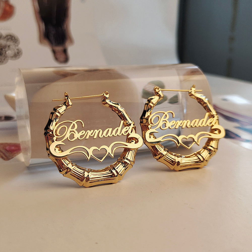 Custom Name With Heart Bamboo Hoop Earrings 18k Gold Plated Hypoallergenic Stainless Steel Personalized Hoop Earrings