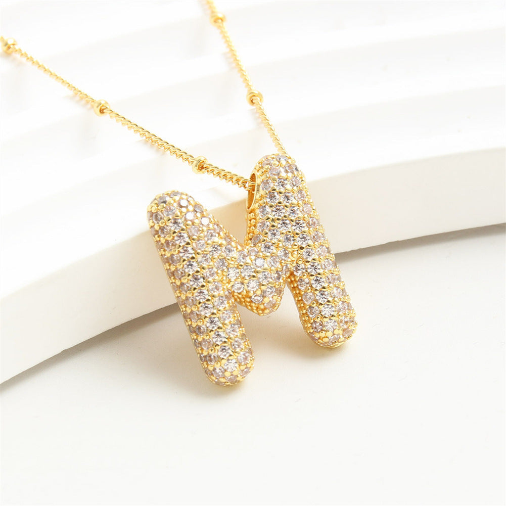 Custom Bubble Letter Initial Rhinestone Pendant Necklace 18K Gold Plated Stainless Steel Personalized Alphabet Letter Initial Necklace