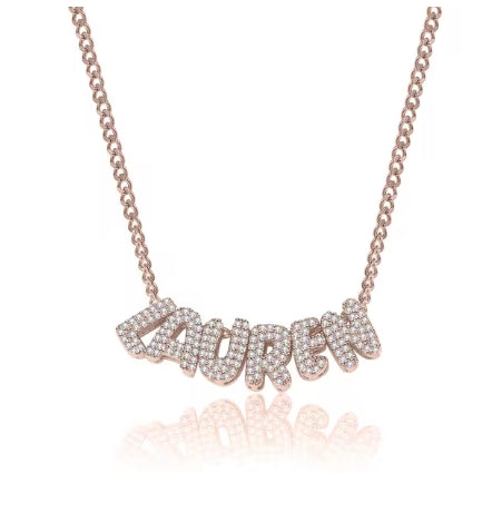 Custom Name 3D Bubble Letter Cubic Zirconia Rhinestone Necklace 18k Gold Plated Hypoallergenic Stainless Steel