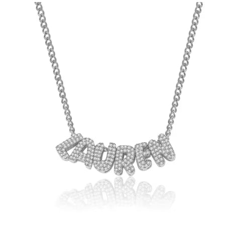 Custom Name 3D Bubble Letter Cubic Zirconia Rhinestone Necklace 18k Gold Plated Hypoallergenic Stainless Steel