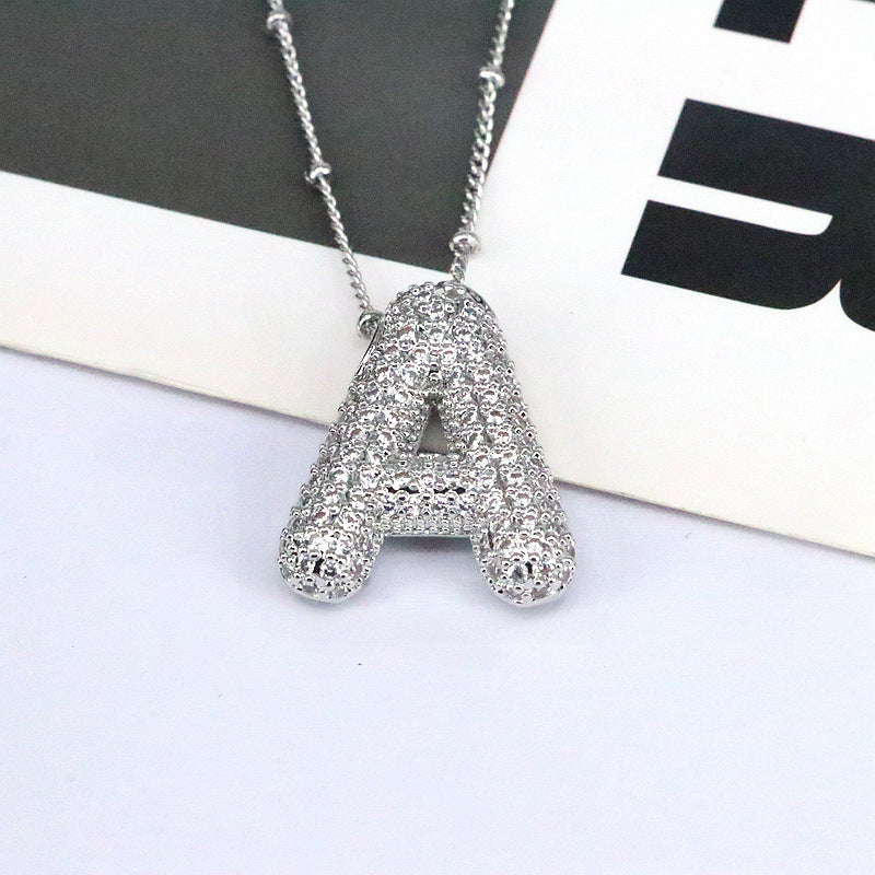 Custom Bubble Letter Initial Rhinestone Pendant Necklace 18K Gold Plated Stainless Steel Personalized Alphabet Letter Initial Necklace