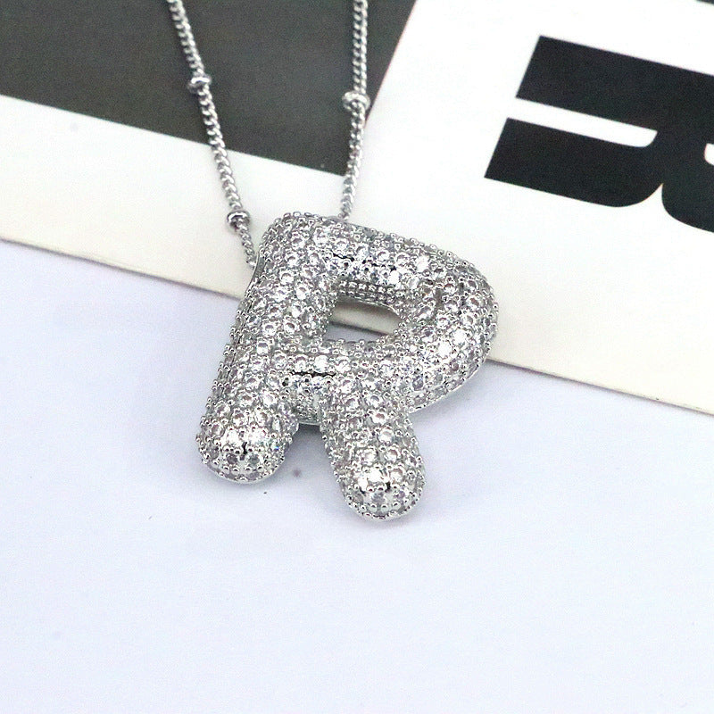 Custom Bubble Letter Initial Rhinestone Pendant Necklace 18K Gold Plated Stainless Steel Personalized Alphabet Letter Initial Necklace