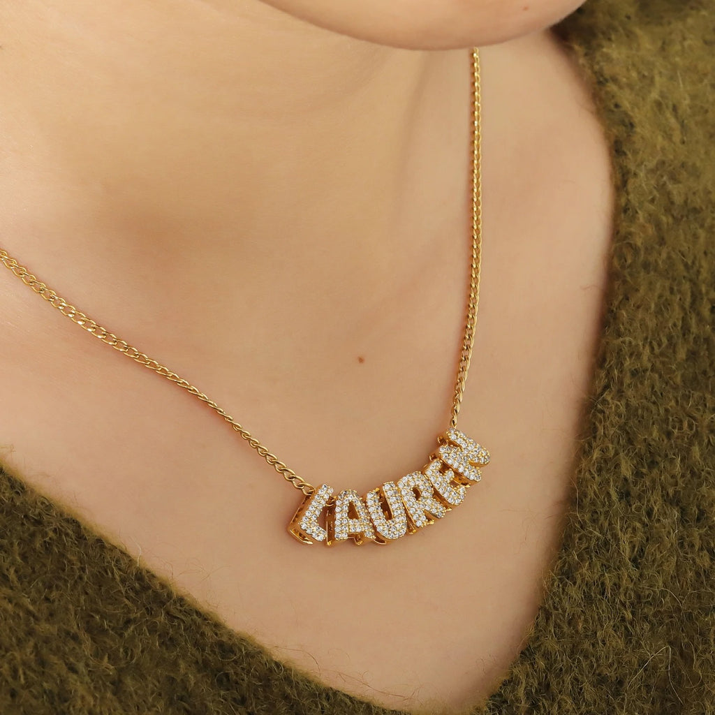 Custom Name 3D Bubble Letter Cubic Zirconia Rhinestone Necklace 18k Gold Plated Hypoallergenic Stainless Steel