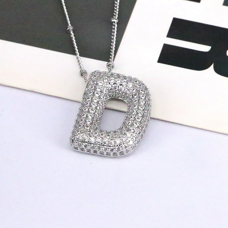 Custom Bubble Letter Initial Rhinestone Pendant Necklace 18K Gold Plated Stainless Steel Personalized Alphabet Letter Initial Necklace