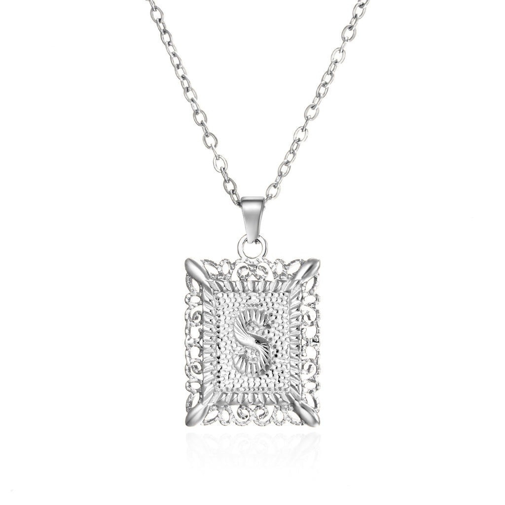 Custom Initial Rectangle Pendant Necklace – Vintage Frame Letter Necklace in Gold or Silver