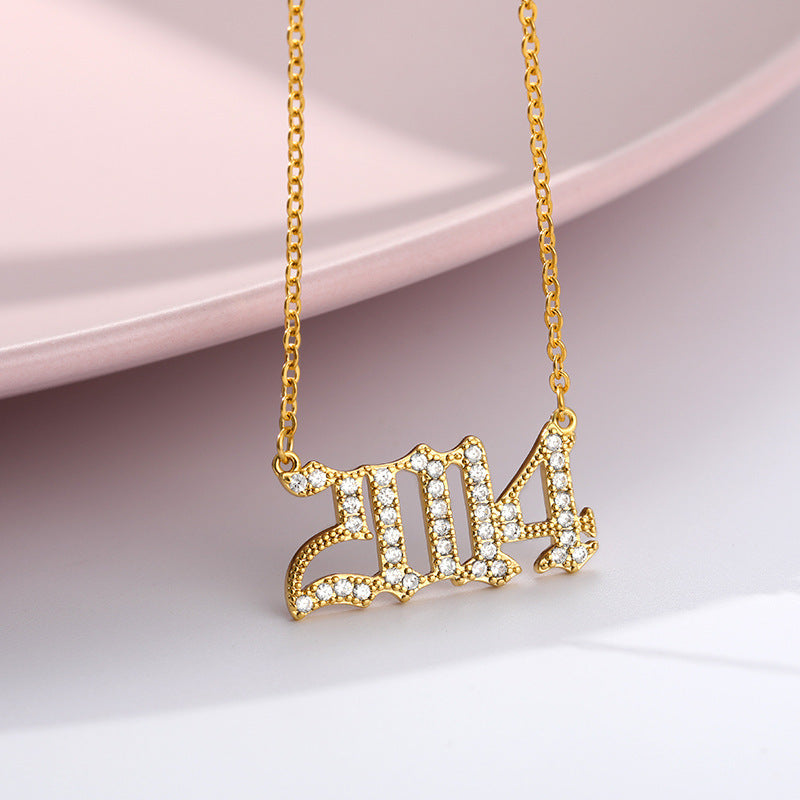 Custom Year Cubic Zirconia Rhinestone Necklace 18k Gold Plated Hypoallergenic Stainless Steel Personalized Birthyear Anniversary Necklace