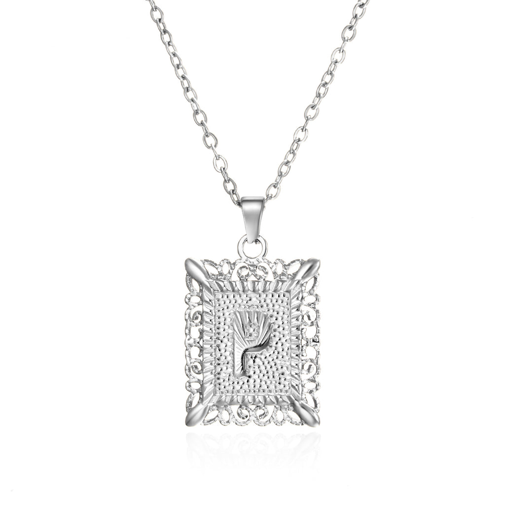 Custom Initial Rectangle Pendant Necklace – Vintage Frame Letter Necklace in Gold or Silver