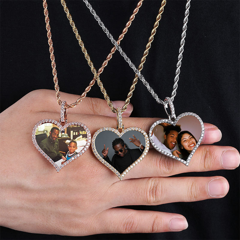 Custom Photo Heart Shaped Cubic Zirconia Rhinestone Pendant Rope Chain Necklace