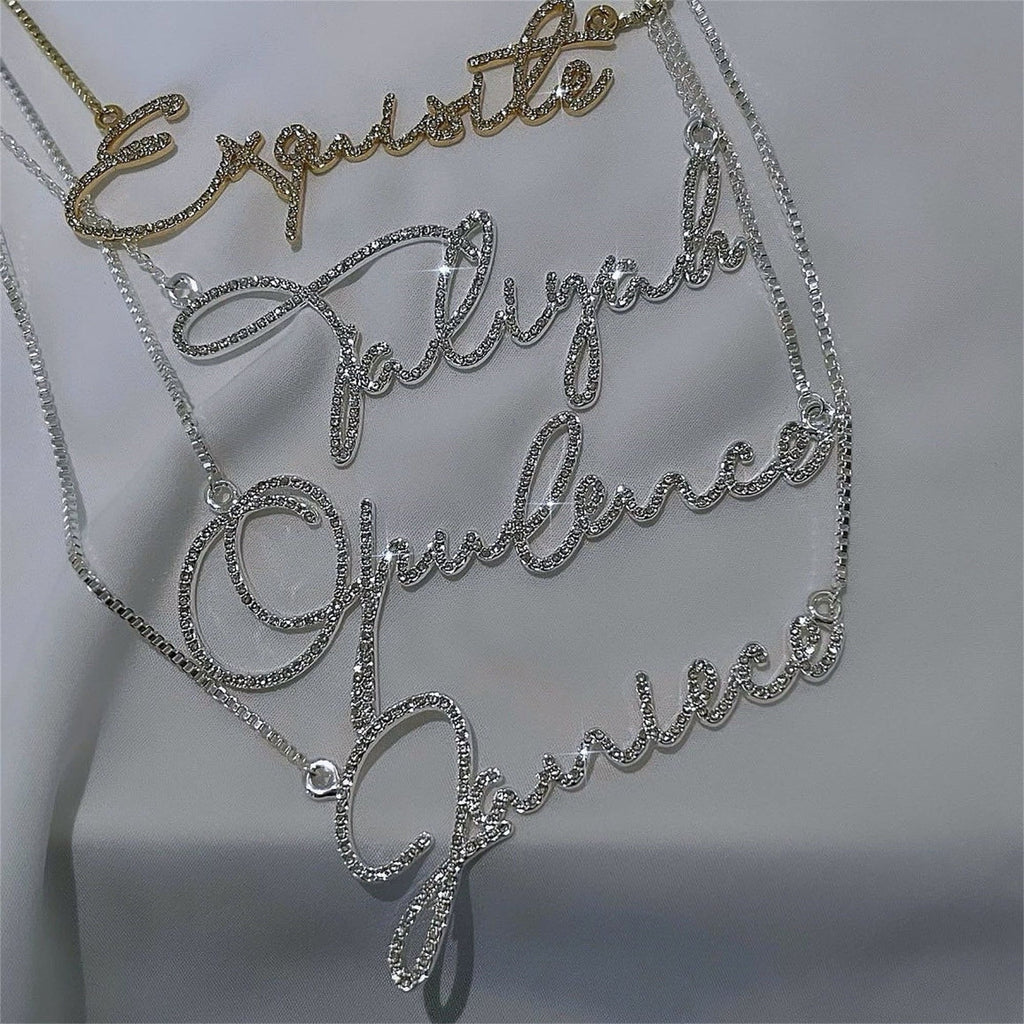 Bling Custom Name Cubic Zirconia Rhinestone Studded Necklace 18k Gold Plated Hypoallergenic Stainless Steel